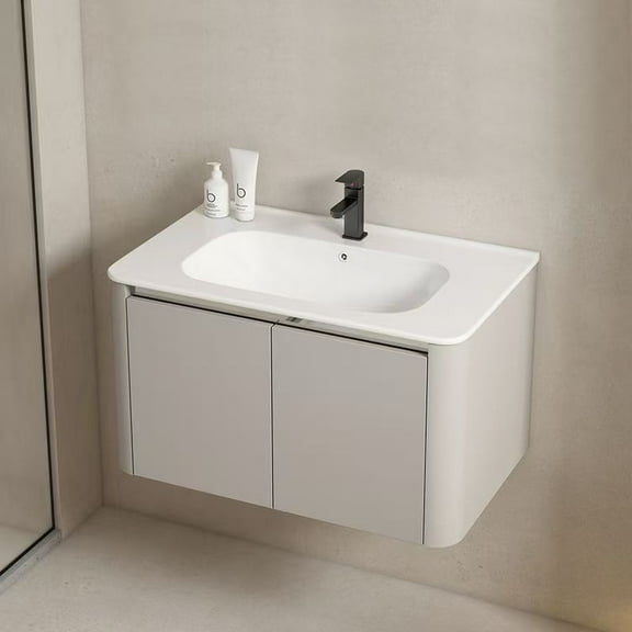 24" Bathroom Vanity Cabinet With Sink And Faucet, Casual Cream Floating Bathroom Vanity With 2 Doors