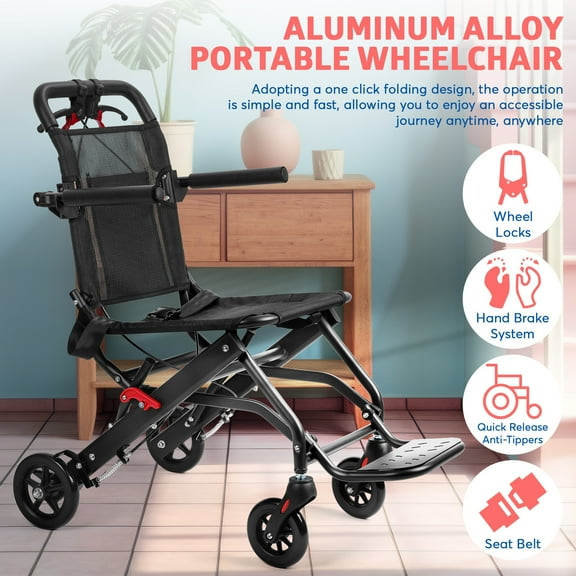 WETS Ultra-Light 13lbs Aluminum Transport Wheelchair | Foldable with Flip-Up Armrests & Safety Belt | 286lbs Capacity | Includes Travel Bag
