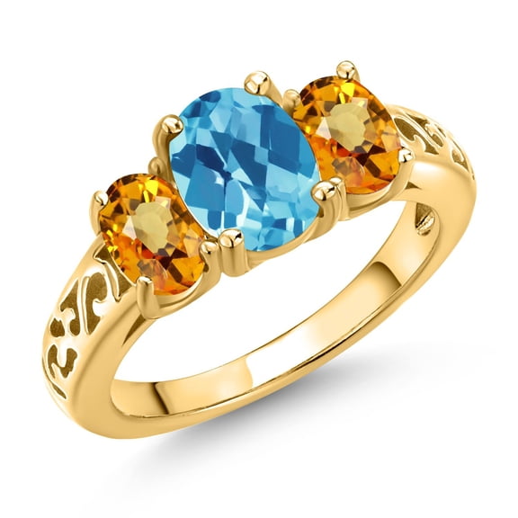 Gem Stone King 18K Yellow Gold Plated Silver Swiss Blue Topaz and Yellow Sapphire Filigree Style 3 Stone Ring for Women (2.53 Cttw, Oval 8X6MM and 6X4MM) (Size 9)