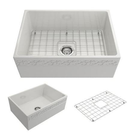 Bowl Fireclay Farmhouse Apron (BOCCHI Vigneto Apron Front Fireclay 27 in. Single Bowl Kitchen Sink with Protective Bottom Grid and Strainer in)