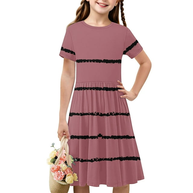 Ventes de Liquidation d'Été Iumwxz Tunique Robe Plissée Robe Ample Ligne A Robes Col Rond Rayé Graphique Robe à Manches Courtes pour Enfants Robes Tendance pour Cadeaux de Vacances 4-14 Ans