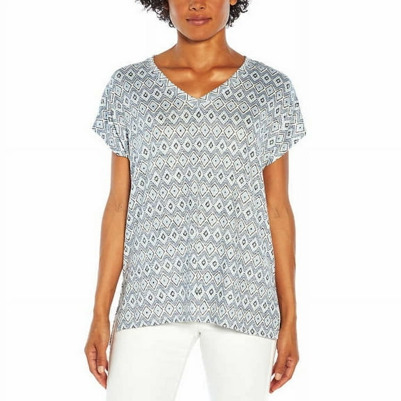 Orvis Women's Short Sleeve V-Neck Tunic Knit Top (Blue Ikat, Medium)