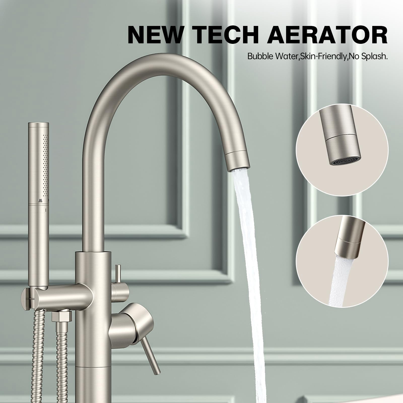 Freestanding Bathtub Faucet Brushed Nickel Floor Mount Metal Bathroom Gooseneck Spout with 2 Function Hand Shower