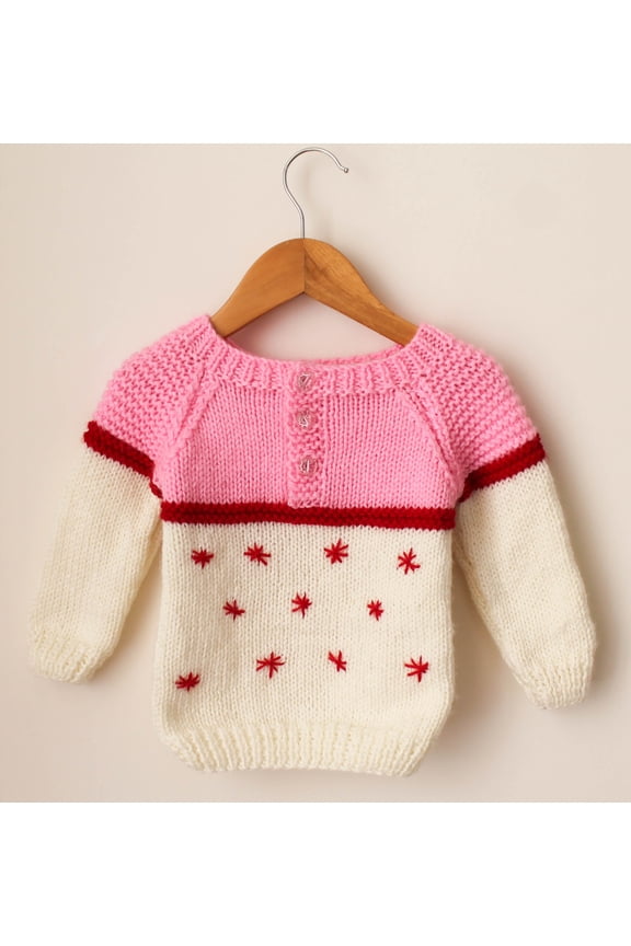 Handmade Full Sleeves Star Detailing Dual Colour Sweater For Kids-Cream & Pink