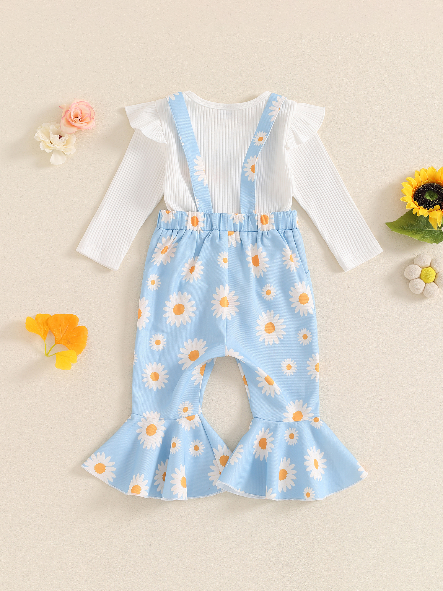 Hirigin Toddler Baby Girl Fall Clothes 1-5 Years Floral Print Overalls Suspender Flare Pants Long Sleeve Ruffle Knit Top 2Pcs Outfits Set
