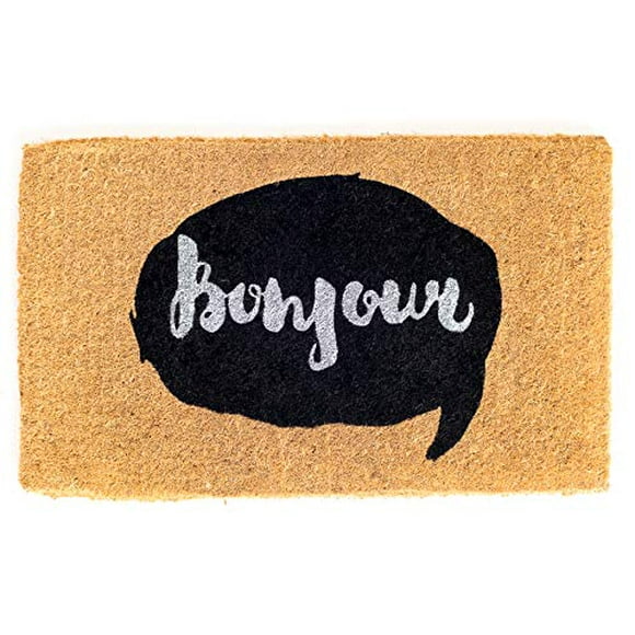 Fab Habitat Extra Thick Doormat - Handwoven, Durable - Natural Coir - Entryway, Front Door, Porch, Patio - Bonjour Callout Black/White (18" x 30" Thick)