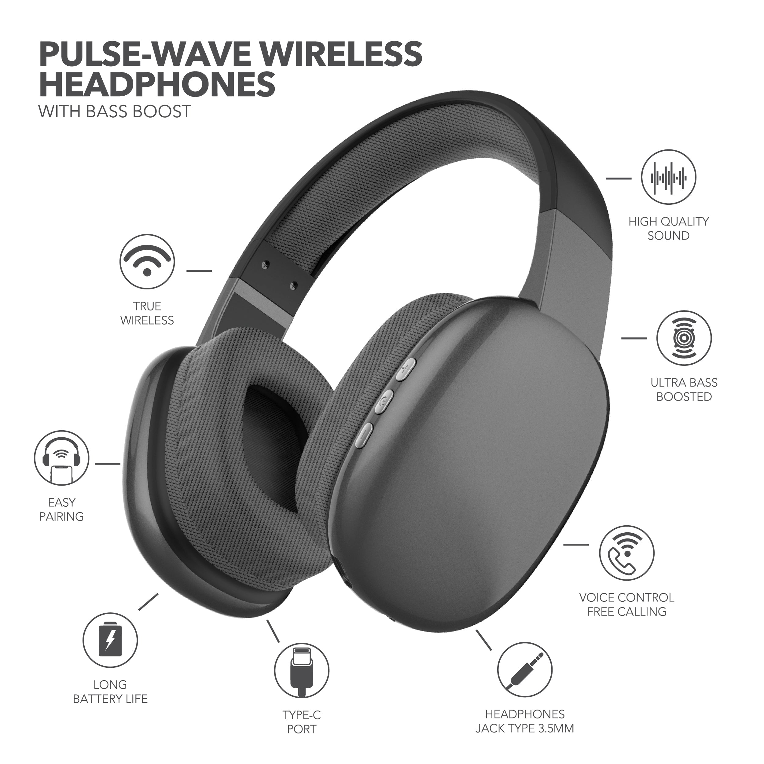 RCA Wave-56 Bluetooth Headphones, 40H Playtime, Hi-Res Audio, Black