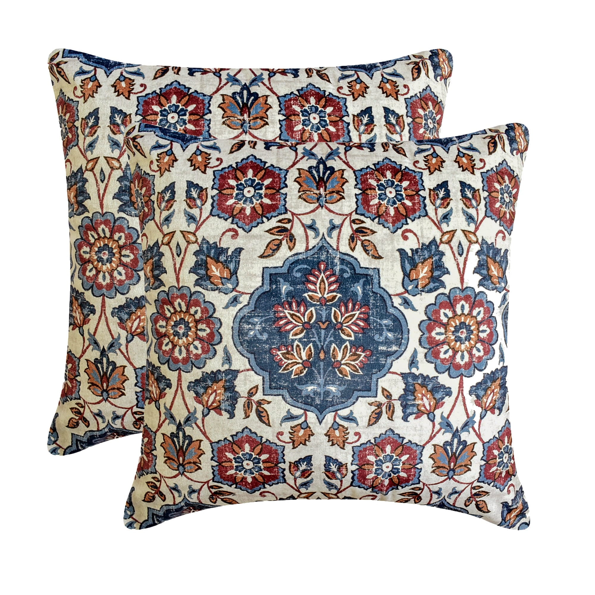 The HomeCentric Decorative Throw Pillow cover Blue & Rust 20"x20" (50x50 cm) Velvet Persian, Floral, Moroccan Pillow Case, Floral Contemporary Style - Zahara