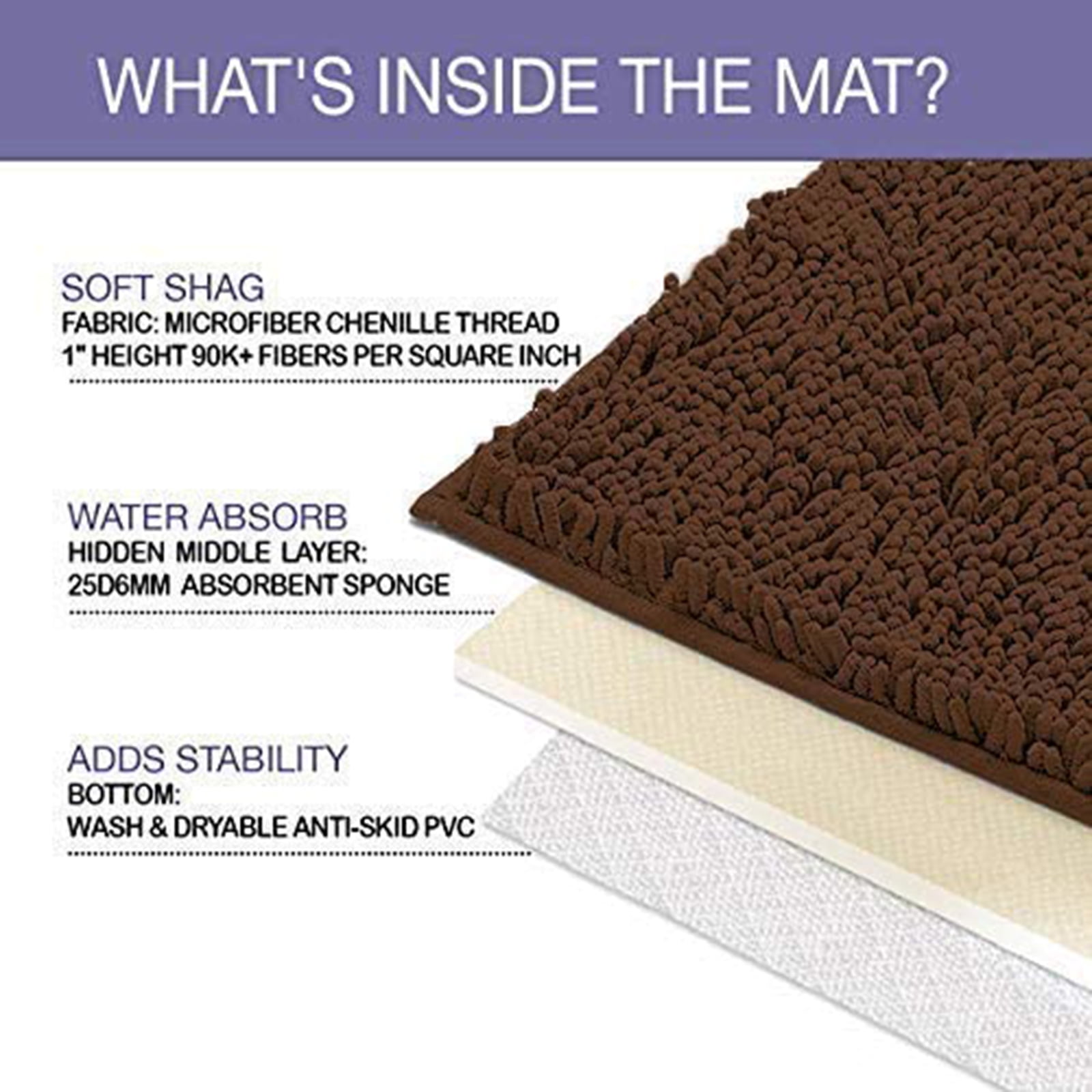 Bathroom Rugs Bath Mat Thick Soft Absorbent Chenille Bath Mats for Bathroom, Microfiber Dries Quickly, Shaggy Washable Rug, Plush Durable Rug, Bathtub and Shower Floor, 35" x 24", Coffee