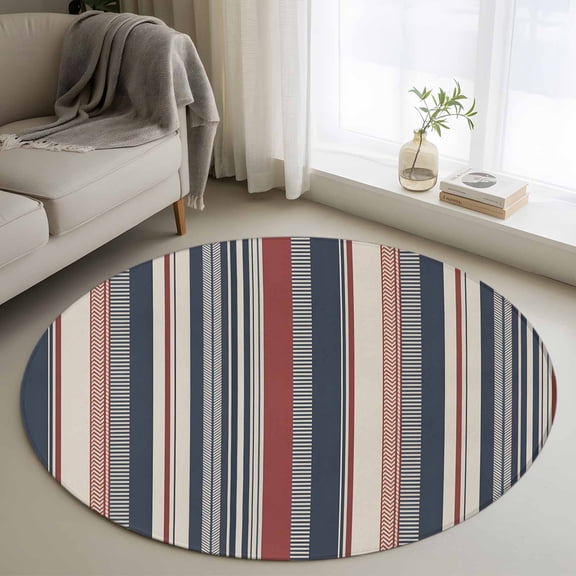Round Area Rug 3.3 Ft, Red Blue Beige Washable Non-Slip Circle Carpet for Living Room/Bedroom, Boho Retro Colorful Abstract Striped Low-Profile Small Kitchen Mats Collection Rugs for Indoor