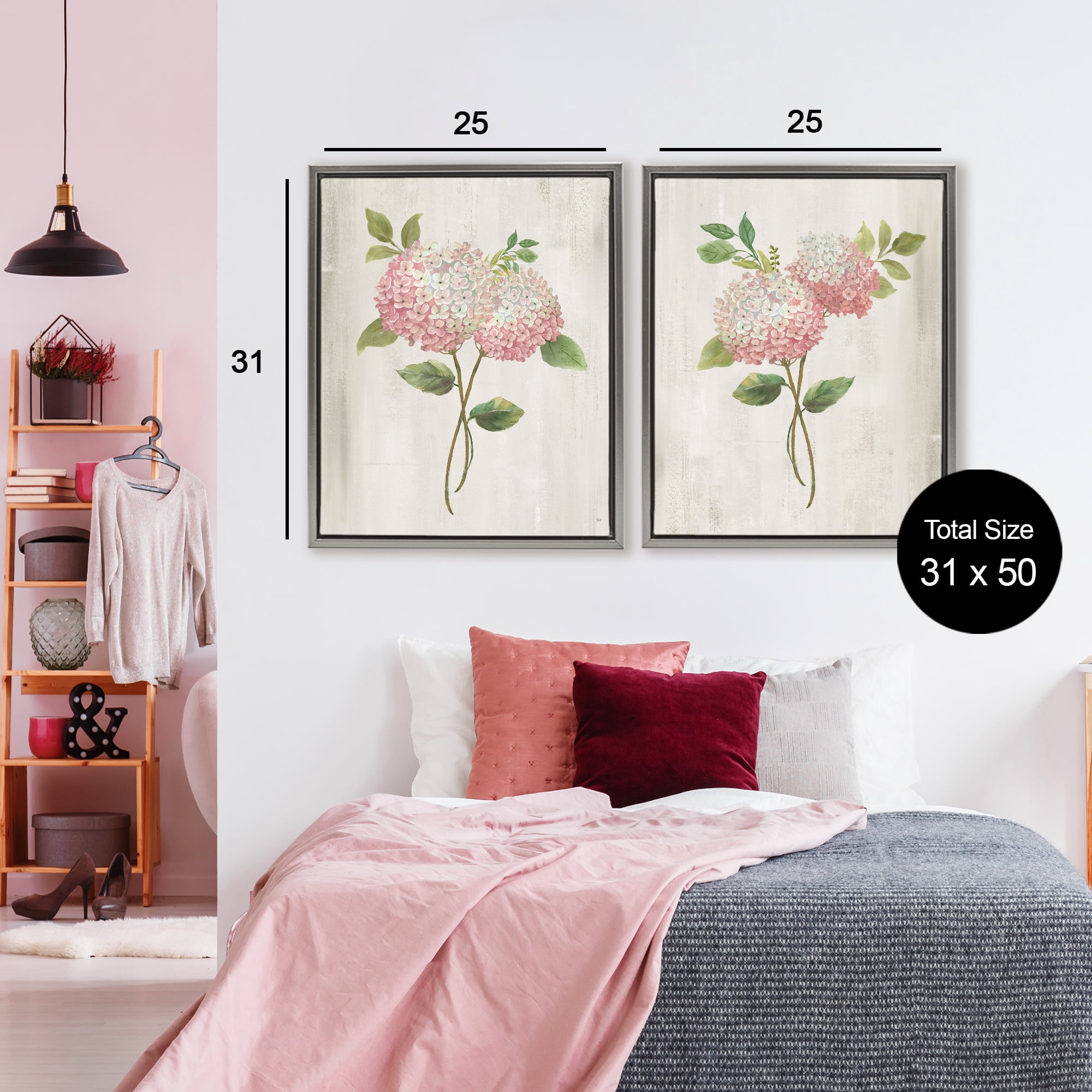 Stupell Industries Vintage Pink Hydrangea Pairs 2 Piece Gray Framed Floater Canvas Set, design by Nan