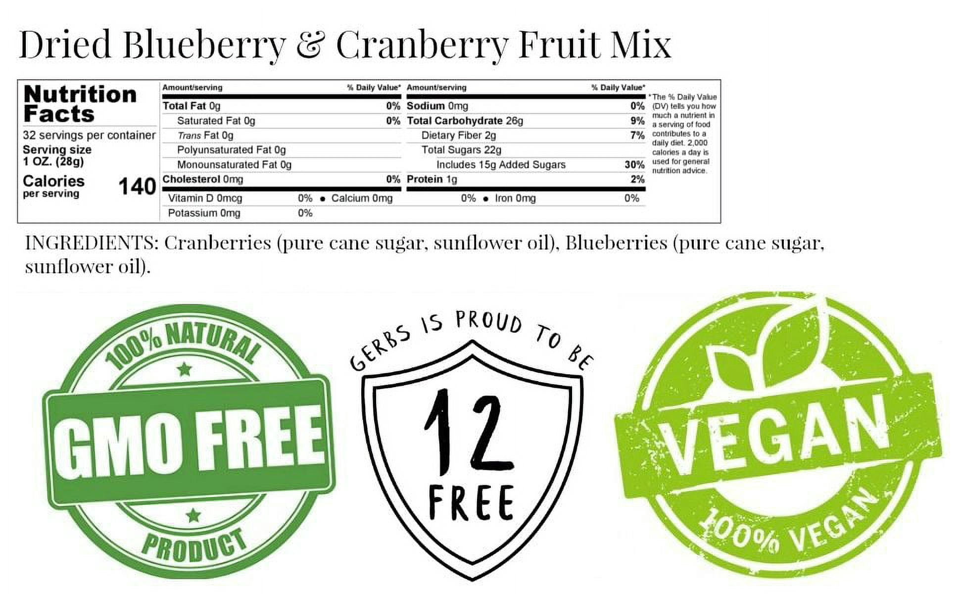 Dried Cranberry & Blueberry Fruit Mix by Gerbs - 2 LBS - Unsulfured- Top 14 Allergen Free & NON GMO