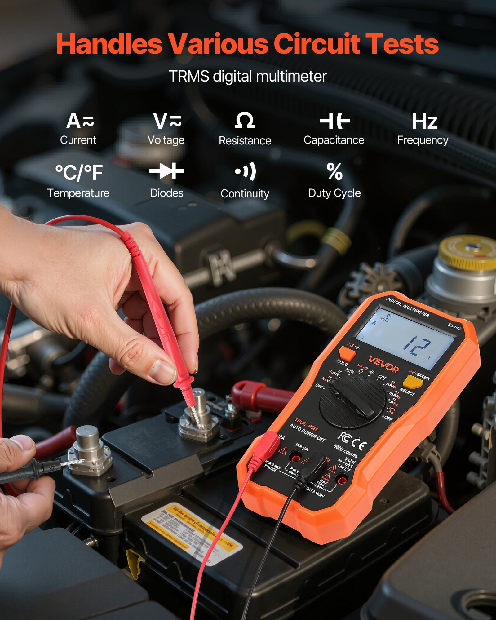 VEVOR Digital Multimeter,6000-Count TRMS DC/AC Voltmeter Current Tester,Professional NCV Multimeter for Current Voltage Resistance Capacitance Duty-Cycle Tempetature Diodes Continuity Live Wire Test
