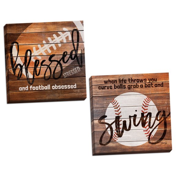 Gango Home Decor Contemporary Grab a Bat and Swing & Football Obsessed by Marla Rae (Ready to Hang); Two 12x12in Hand-Stretched Canvases
