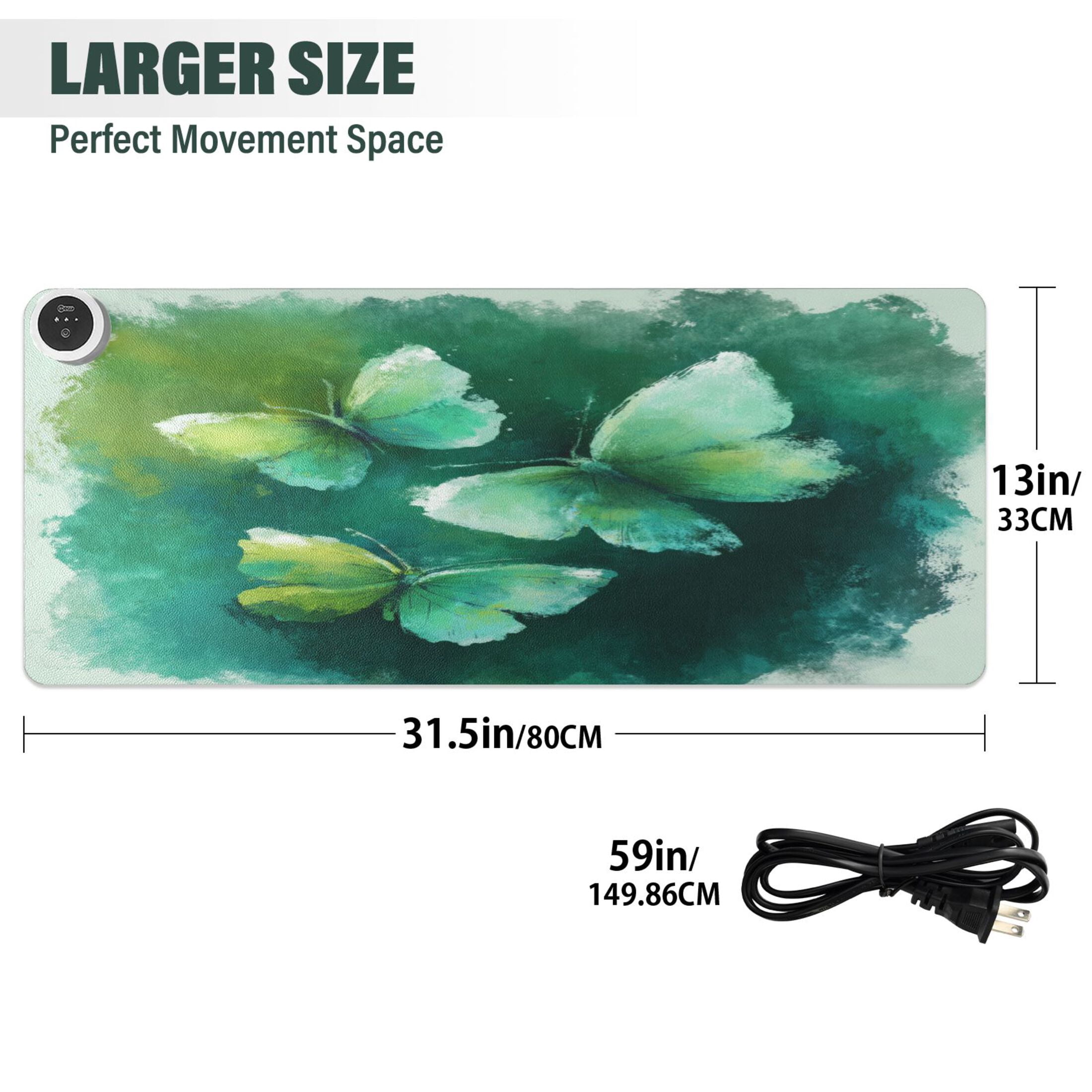 Large Heated Desk Mat Mouse Pad 31.5"x13"PU Leather Graphene Heating Desk Warmer with 3 Temperature Settings 110V US Plug Non-Slip Warm Pad for Home, Office, and Gaming Deep Green Butterfly Whisper