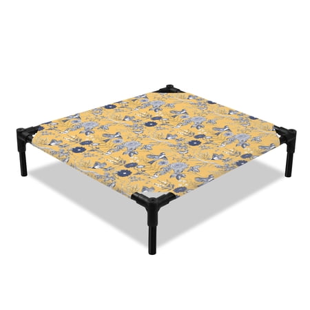 Vintage Flower Bird Butterfly Herb Elevated Dog Bed Garden Orange Blue Cooling Breathable Outdoor Raised Dog Cot Bed with Metal Frame Non-Slip Feet for Small Dog 20x20in