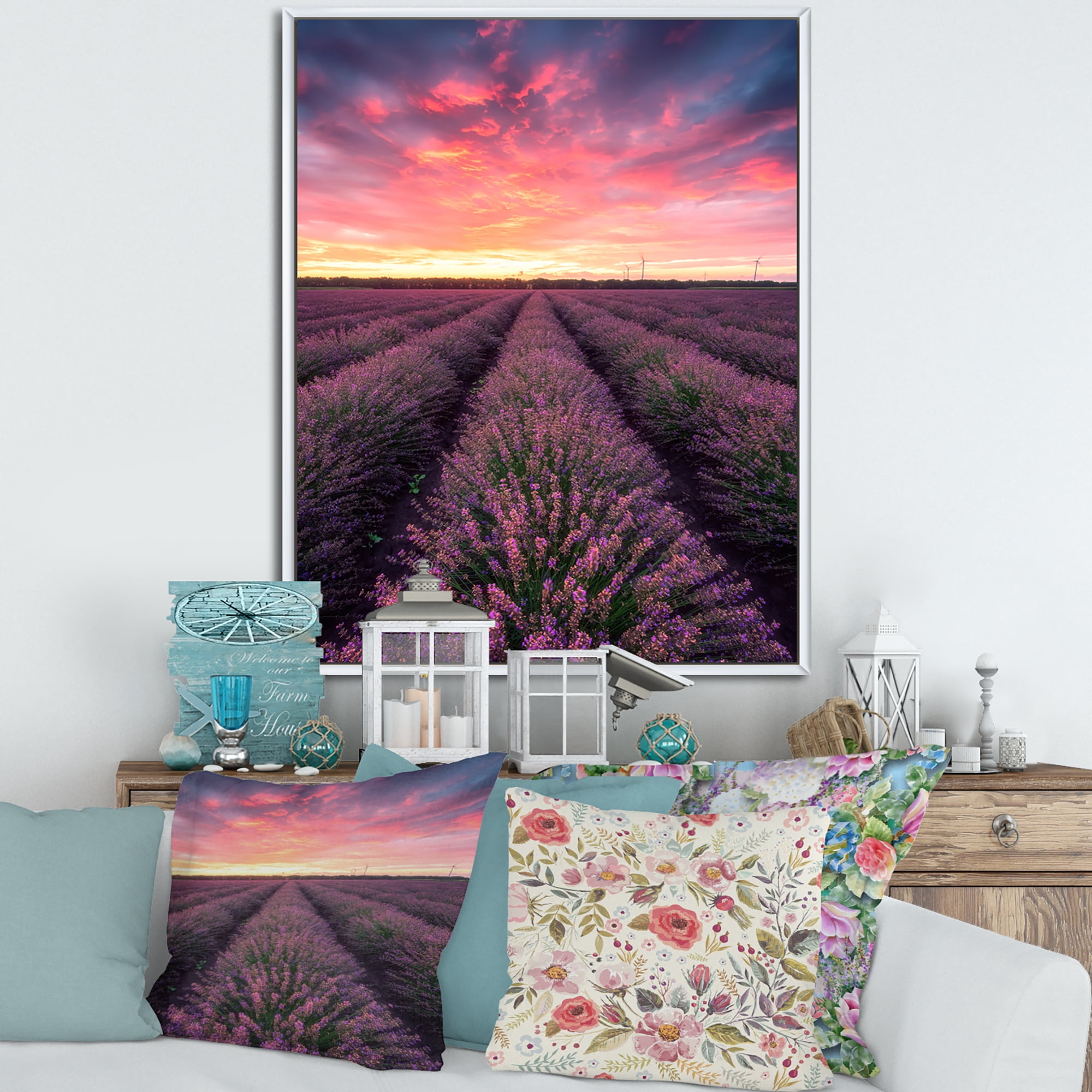 Designart 'Dramatic Clouds and Sunrise Over Lavender Field XIV' Farmhouse Framed Canvas Wall Art Print