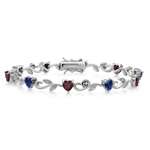 Gem Stone King 925 Sterling Silver Heart Shape Blue Created Sapphire Red Rhodolite Garnet and Round White Lab Grown Diamond Greek Vine Flower Tennis Bracelet for Women (5.29 Cttw, 7.5 inch)