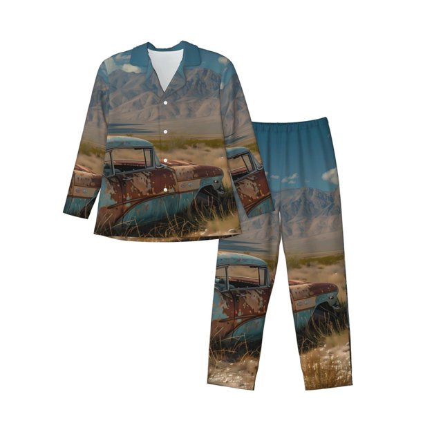 Balery Deserted Classic Car Landscape Pijama para Hombre de Dos Piezas con Manga Larga, Conjunto de Dormir y Descanso Suave con Bolsillos-Small