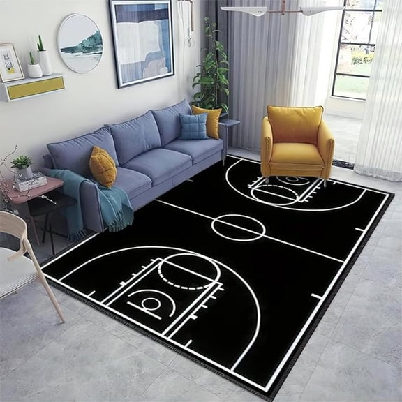 Black Sports Basketball Court Area Rug, Basketball Court Training Ground Indoor Non-Slip Kids Rugs, Machine Washable Breathable Durable Carpet For Front Entrance Floor Decor 1x2ft