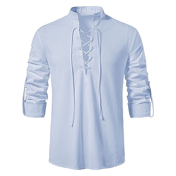 Dagegui Men's Linen Long Sleeve Shirts Vintage V-Neck Lace Up Shirt Solid Color Holiday Party Tee Casual Pullover Tops Light Blue S