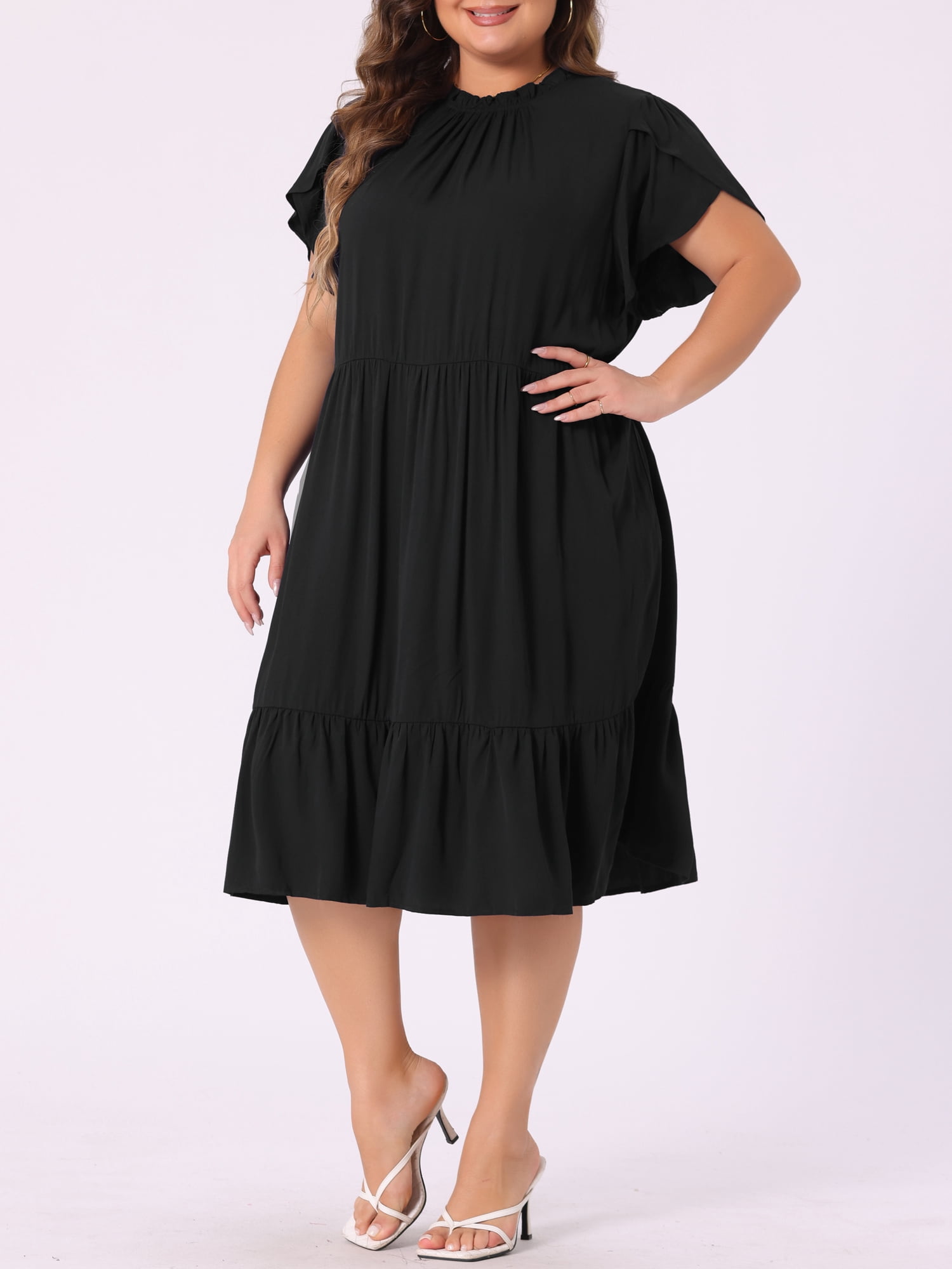 DARING DIVA Women's Plus Size Elegant Tie Back Boat Neck Midi Length Dress 2X Black