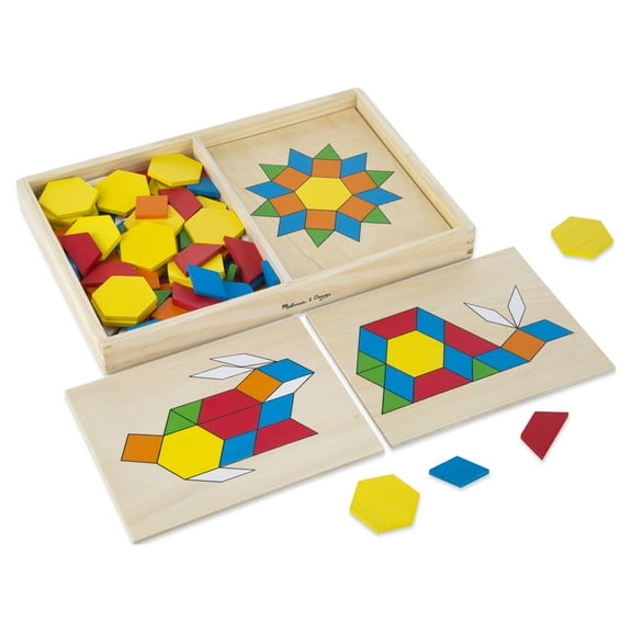 Melissa & Doug Pattern Blocks and Boards - Classic Toy With 120 Solid Wood Shapes and 5 Double-Sided Panels, Multi-Colored Animals Puzzle