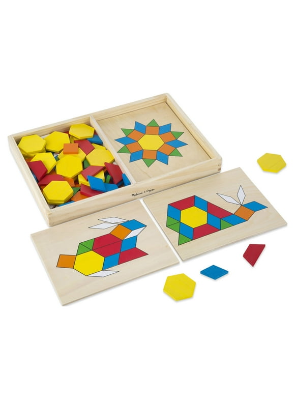 Melissa & Doug Pattern Blocks and Boards - Classic Toy With 120 Solid Wood Shapes and 5 Double-Sided Panels, Multi-Colored Animals Puzzle