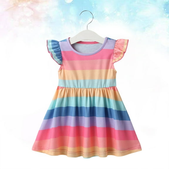 AURARMLET Girls Clothing 1Set Multi Colored Rainbow Stripes Dress for Spring Outfits and Daily Use