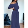 thumbnail image 6 of Women's 2 Piece Lounge Sets Off Shoulder Oversized Short Sleeve Tops Casual Wide Leg Pant Set Dark Blue M, 6 of 8