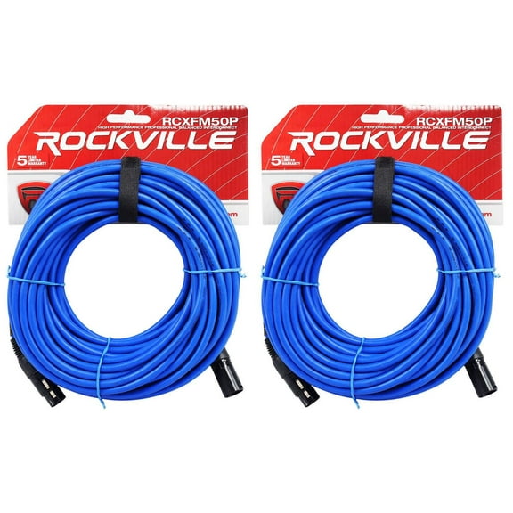 2 Rockville RCXFM50P-BL Blue 50' Female to Male REAN XLR Mic Cable 100% Copper