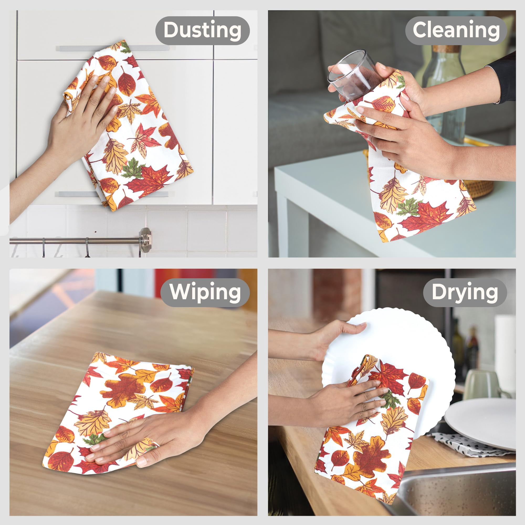 Urban Villa Harvest Kitchen Towel Fall Leaf Print Premium Quality100% Cotton Thanks Giving Dish Towels Mitered Corners,(Size: 20X30 Inch) Highly Absorbent Bar Towels & Tea Towels - (Set of 6)