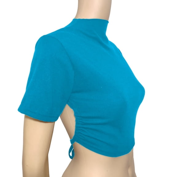hoksml Women's Mock Neck Short Sleeve Cropped Top with Backless Crisscross Tie, Slim Fit Party Top for Clubwear