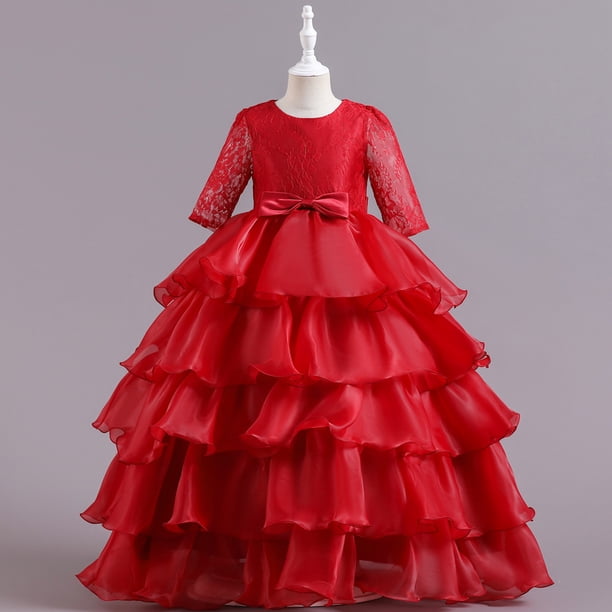 Vestido de fiesta de Navidad para niñas Vestido de ponchia de encaje grande para niñas Vestido de actuación para anfitriona de niña de las flores