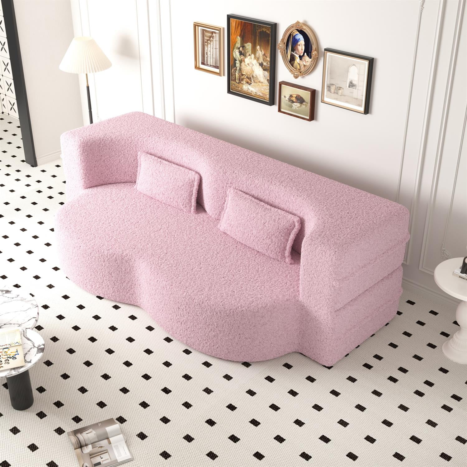 Demi Bonn Modern Convertible Floor Sofa Bed with 2 Pillows, Full Size 15" Folding Mattress, Teddy Fabric Foam-Filled for Living Room, No Assembly Needed, Pink