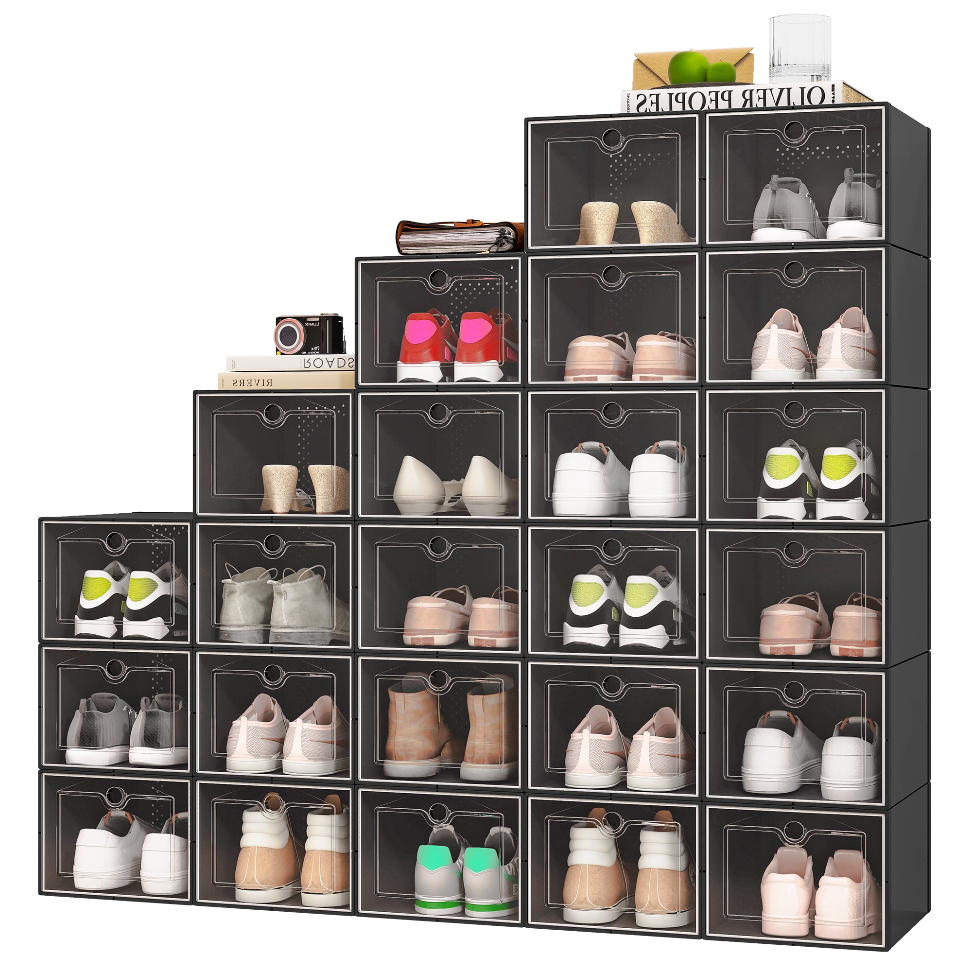 Uforic 24 PCS  Shoe Storage Box, Stackable Plastic Shoe Organizer Box,for Entryway Hallway, Black