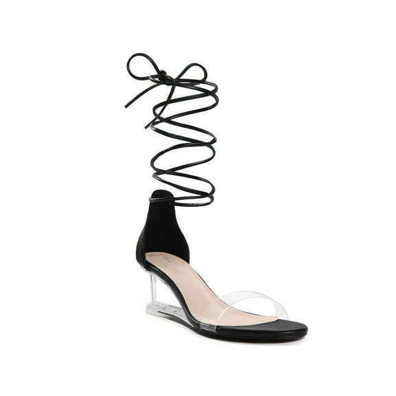BLISSFUL STEP Clear Strap Lace Up Open Toe Clear Wedges Heel Sandals for Women Black 6