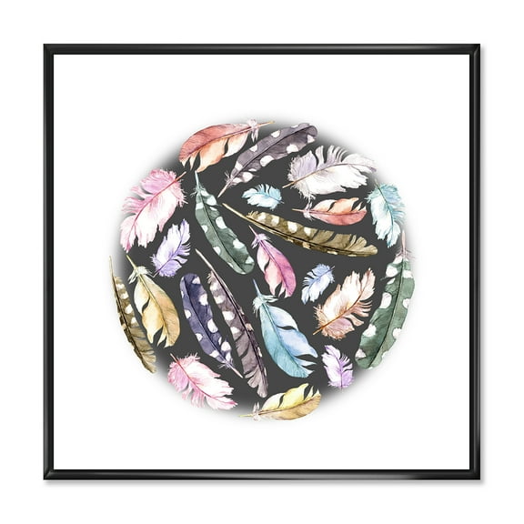 Designart 'Colorful Boho Feathers In Circle Shape' Bohemian & Eclectic Framed Canvas Wall Art Print