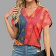 thumbnail image 2 of Women's Loose V-Neck Retro Print Short Sleeve Tops ,Watermelon Red-AW S, 2 of 6