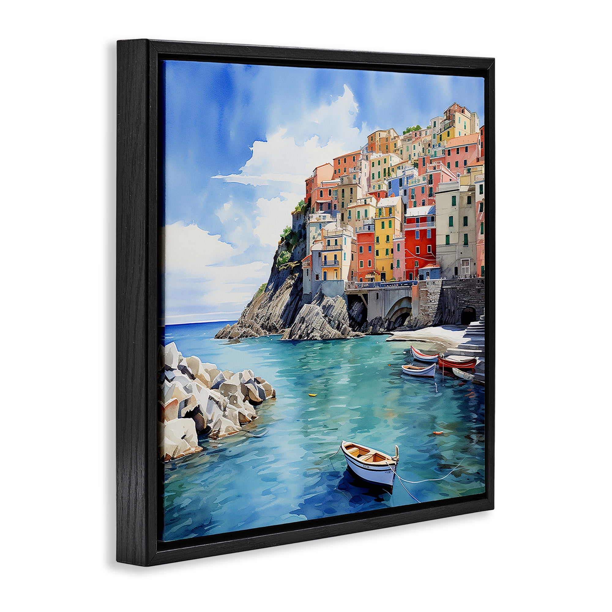 Stupell Industries Cinque Terre Port Transportation Painting Black Floater Framed Canvas Art Print Wall Art, 25 x 25