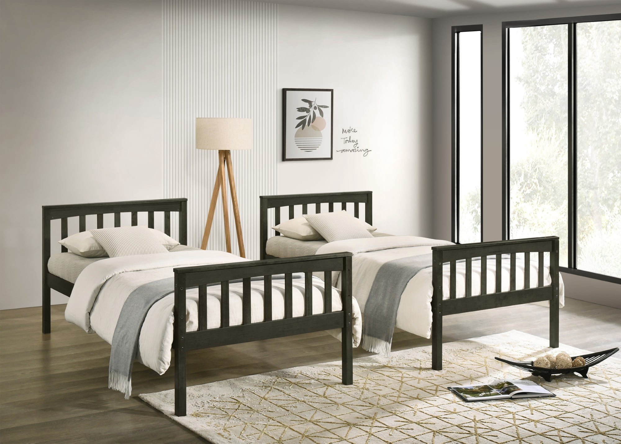 Home Design Ames Twin Over Twin Solid Wood Bunk Bed Frame, Convertible, Sturdy Guardrails, Dark Gray, Easy Assembly
