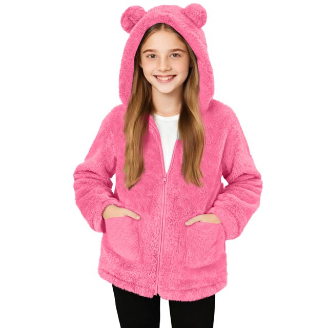 Abrigo de invierno para niños con forro polar de color liso, manga larga, capucha y cremallera, bonita blusa abrigada con bolsillo grande para niñas, top de poliéster