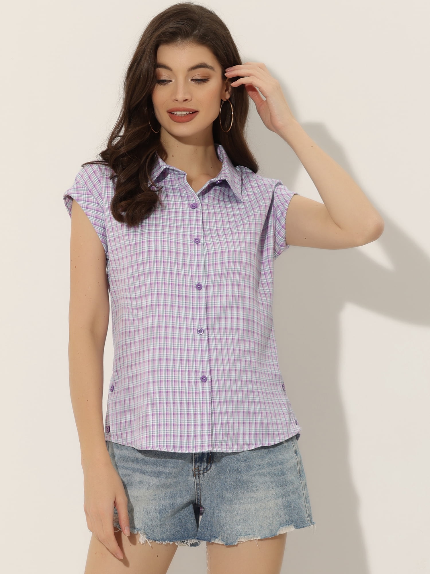 DARING DIVA Women's Summer Plaid Short Sleeves Button Down Shirts L Lilac