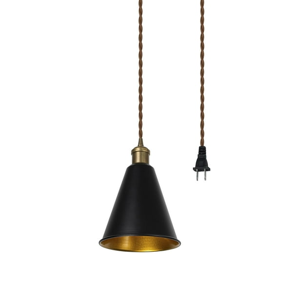 KAYYELAMP Pendant Lamp Plug in Cord 9.8Feet E26 Copper Base Inner Gold Black Metal Cone Shade Vintage Design Hanging Light for Bedroom Kitchen Stairs(No Bulb)