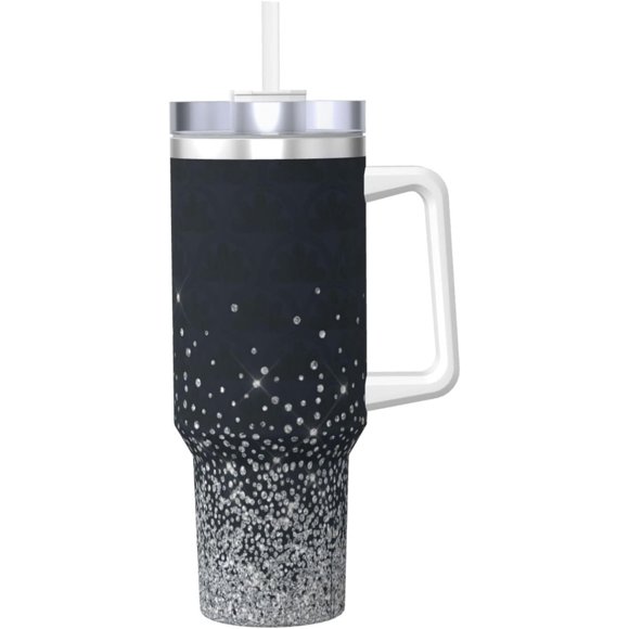 Black Silver Glitter Diamond Sparkly 40 Oz Tumbler Stainless Steel Vacuum Insulated Coffee Ice Cup Double Wall Travel Flask With Handle And Straw Lid