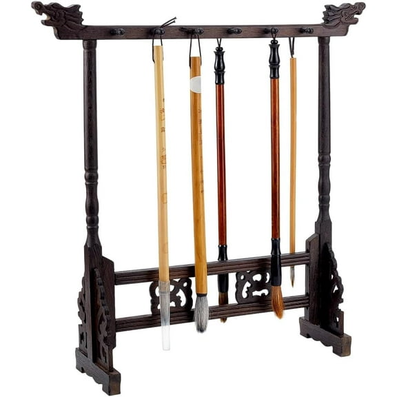 12-Pin Wood Calligrapghy Brush Holder Chinese Brushes Hanger Japanes Calligraphy Pen Stand Rack Carving Sumi Brush Stand Painting Brushes Rack for Writing Students Beginners Professional