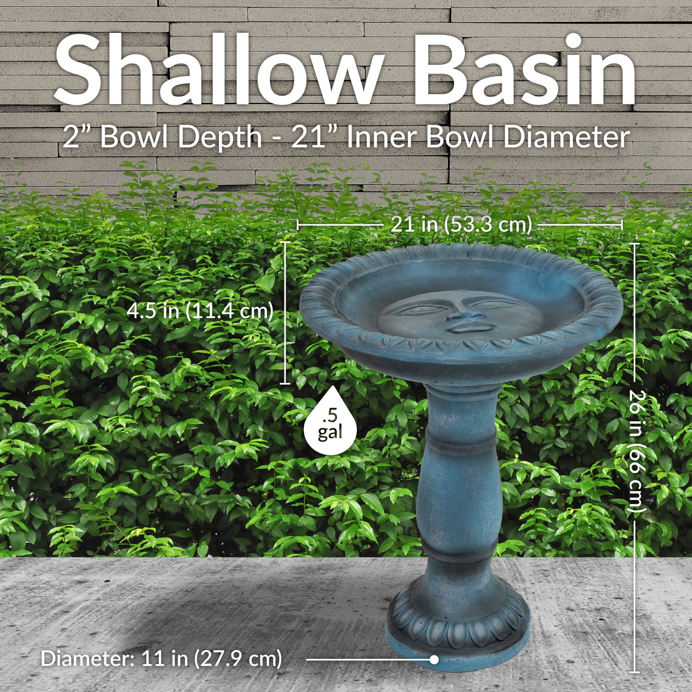 Sunnydaze Facade du Soleil Freestanding Glass Fiber Reinforced Concrete Outdoor Bird Bath, Green