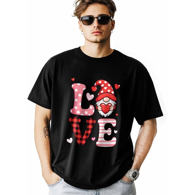 Camisetas para hombre, camiseta de algodón con cuello redondo y diseño de gnomo de amor, manga corta, para San Valentín.