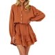 thumbnail image 1 of Mini vestido casual con cuello en V para mujer, manga larga con botones, algodón texturizado, volantes sólidos, vestido corto de línea a con vuelo, color naranja XL ER, 1 of 5