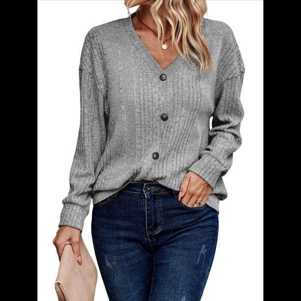 Camisetas de Larga para Mujer, Blusas Tipo Túnica con Cuello en V, Elegantes, Informales, Acanaladas, Holgadas y Cómodas, para . Gris L
